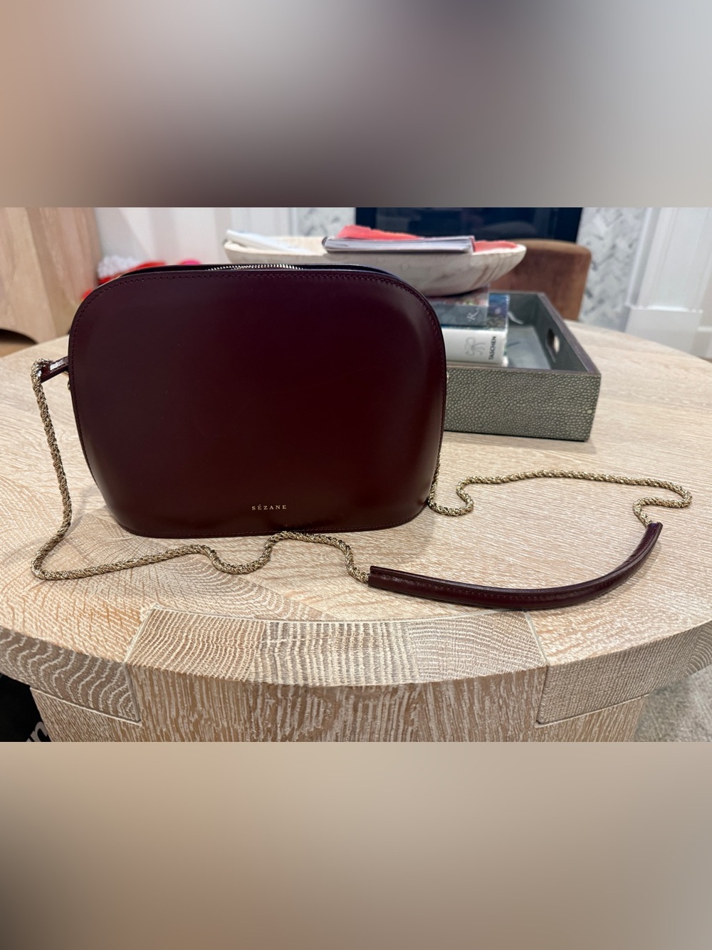 Sezane burgundy leather crossbody with gold chain